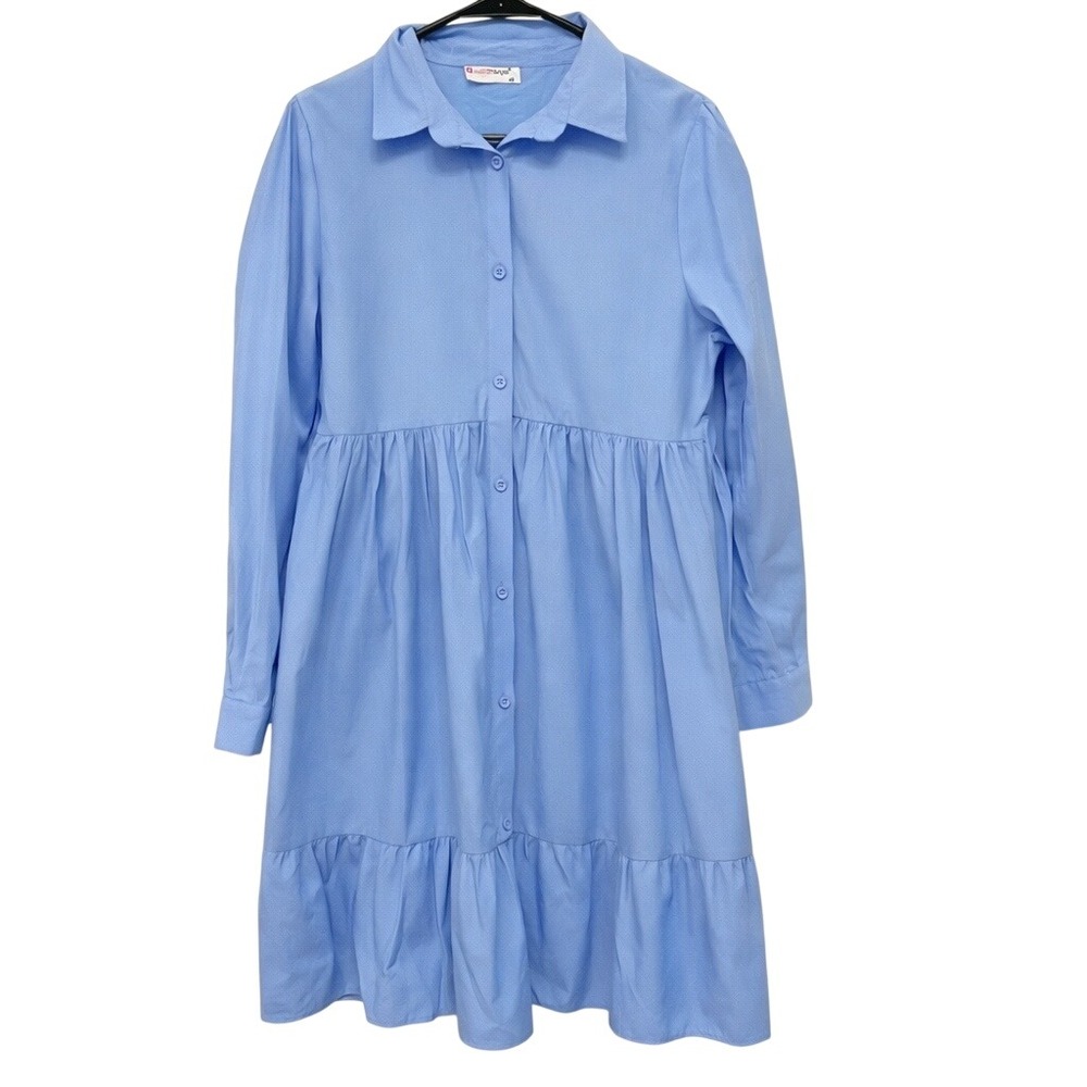 Tesettur Dunyasi Blue Poplin Shirt Dress Modest Button‎ Front Long Sleeve